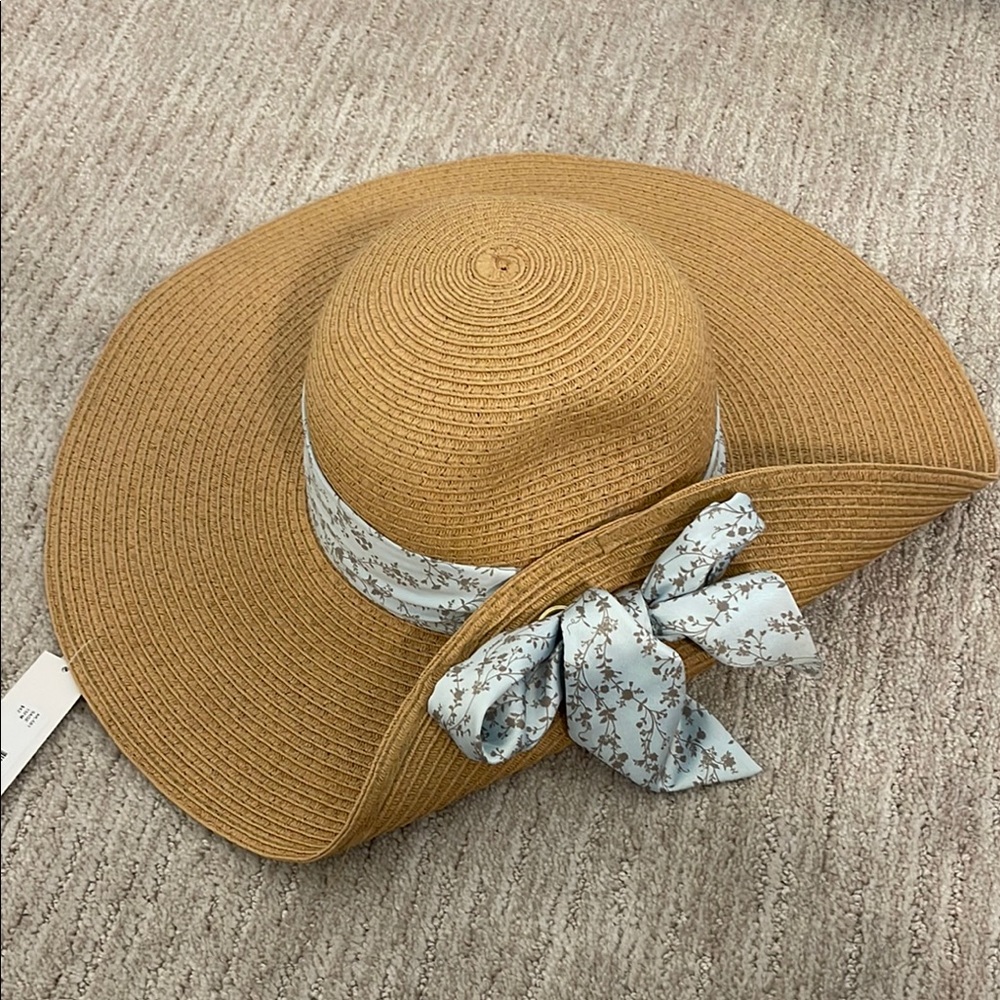 Anne Klein Tan and Blue Sun Hat with Floral Bow
